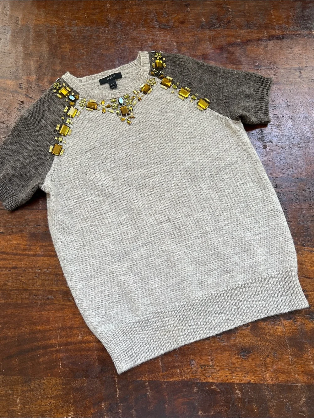J. Crew Colorblock Jeweled Embellished Short Sleeve Sweater Brown/Tan/Golden XXS